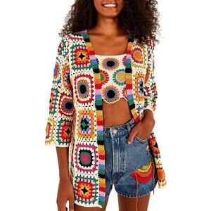 FARM RIO Rainbow Fun Crochet Granny Square Cardigan Cream Sz Small